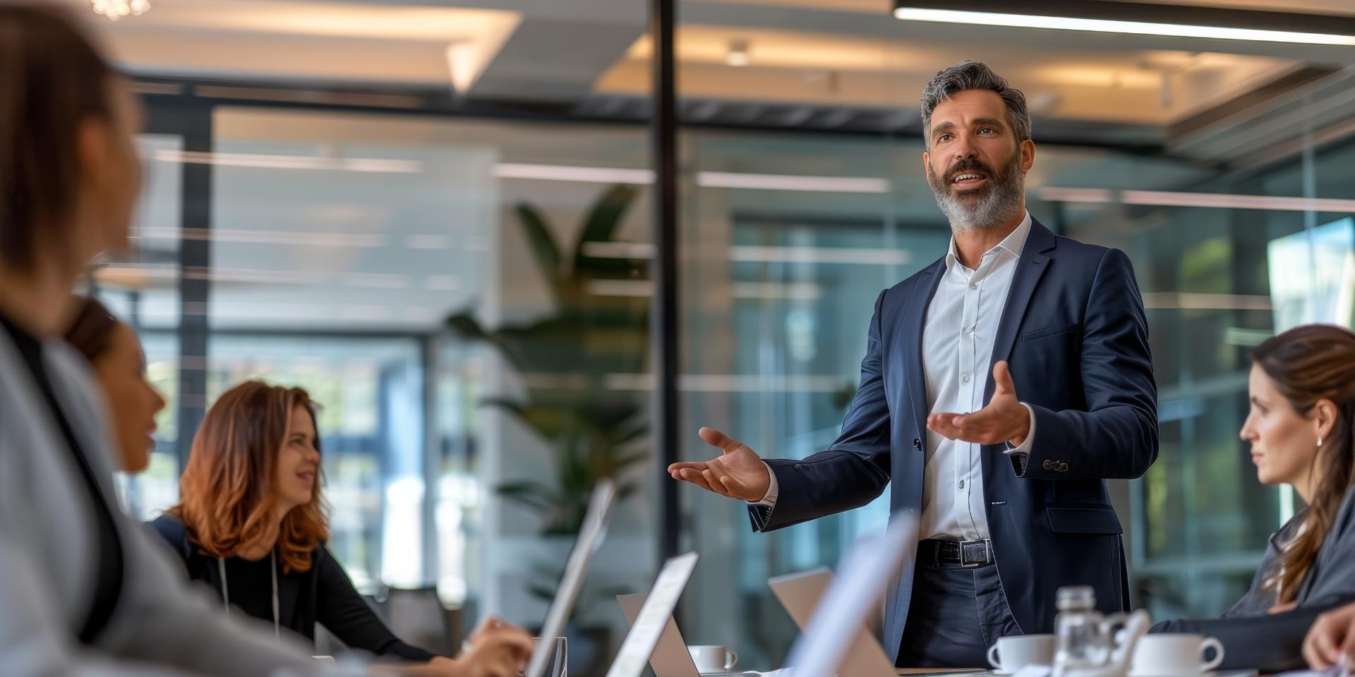 A business leader standing confidently at the head of a conference table engaging with team members and demonstrating authoritative leadership and decision making skills