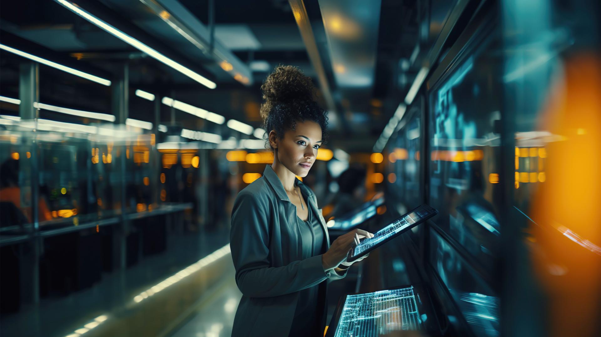 Black female Chief Technology Officer using a tablet standing in Big Data Center