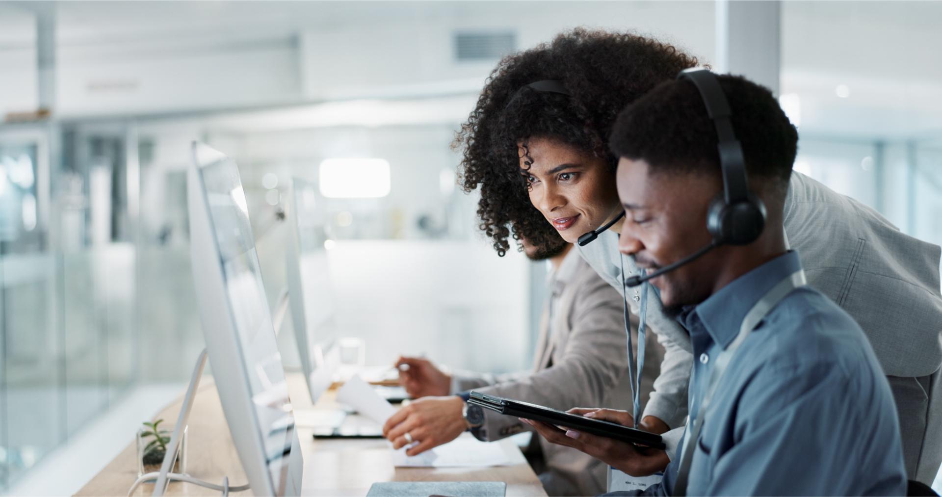 Call center computer happy mentor and people for telemarketing sales outsourcing or check onboarding progress