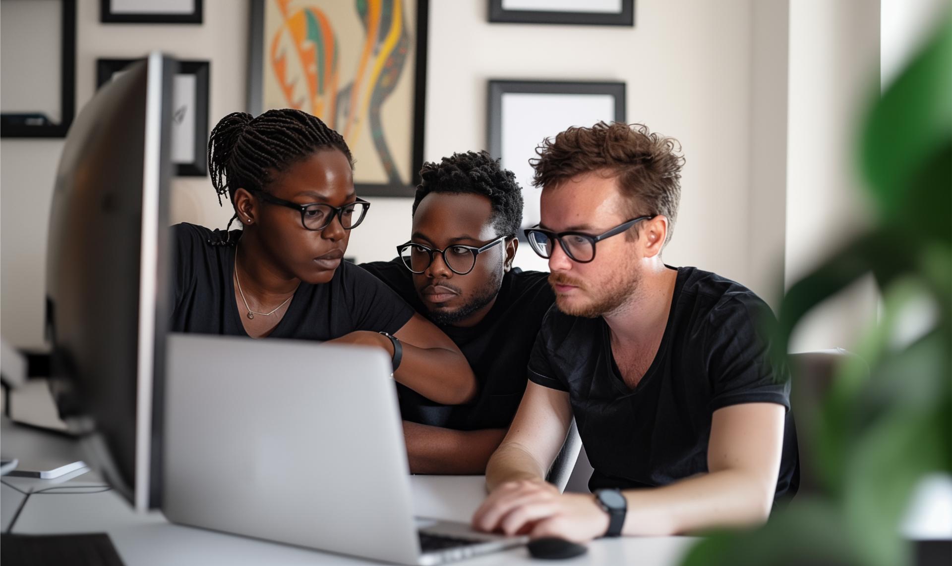 Creative young team. Interracial team in a office looking at laptop and computer screen to manage workflow and task management