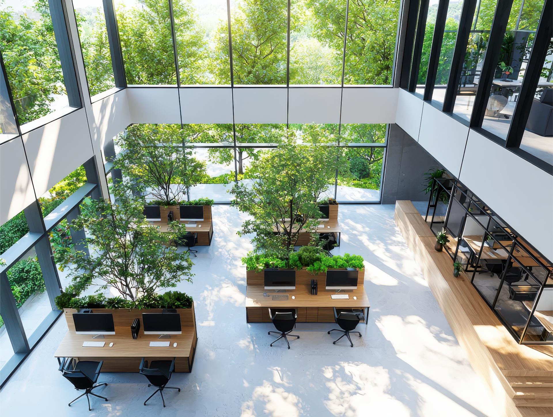 Open office space design with natural light modern workplace aerial view balanced layout greenery