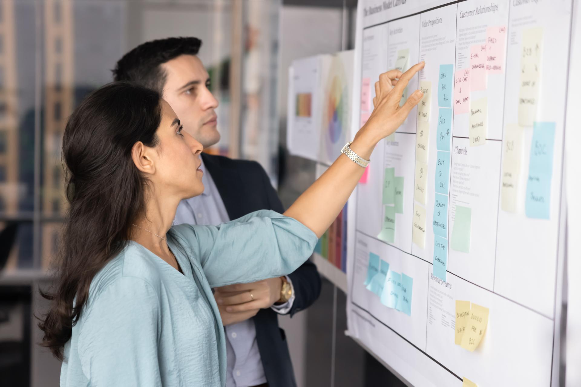couple of serious Hispanic project managers working on tasking at Kanban scrum board