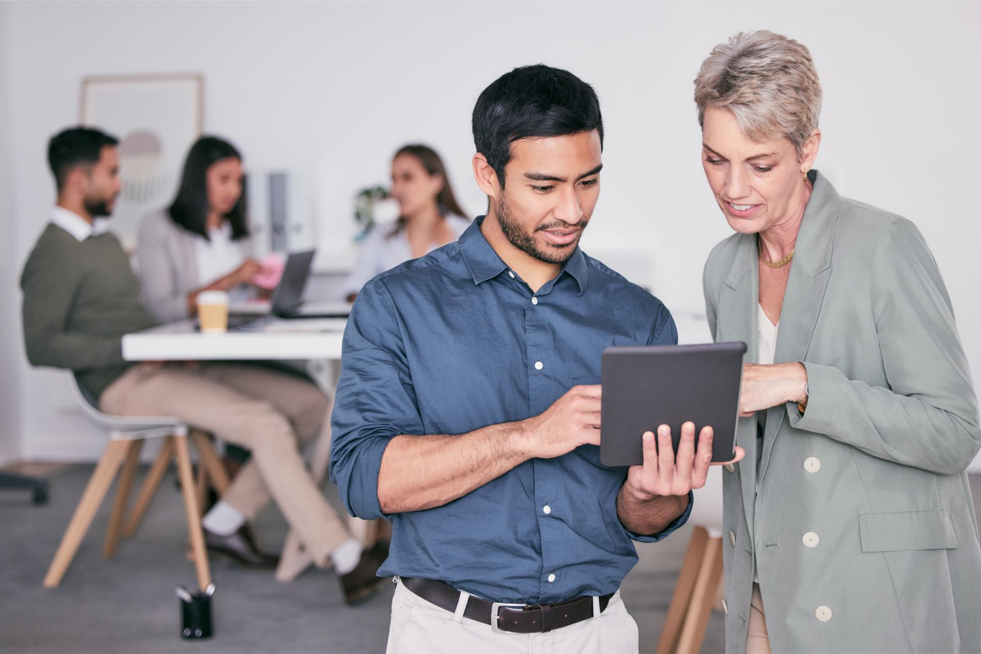 Tablet advice and woman manager with meeting feedback planning agenda and schedule on app