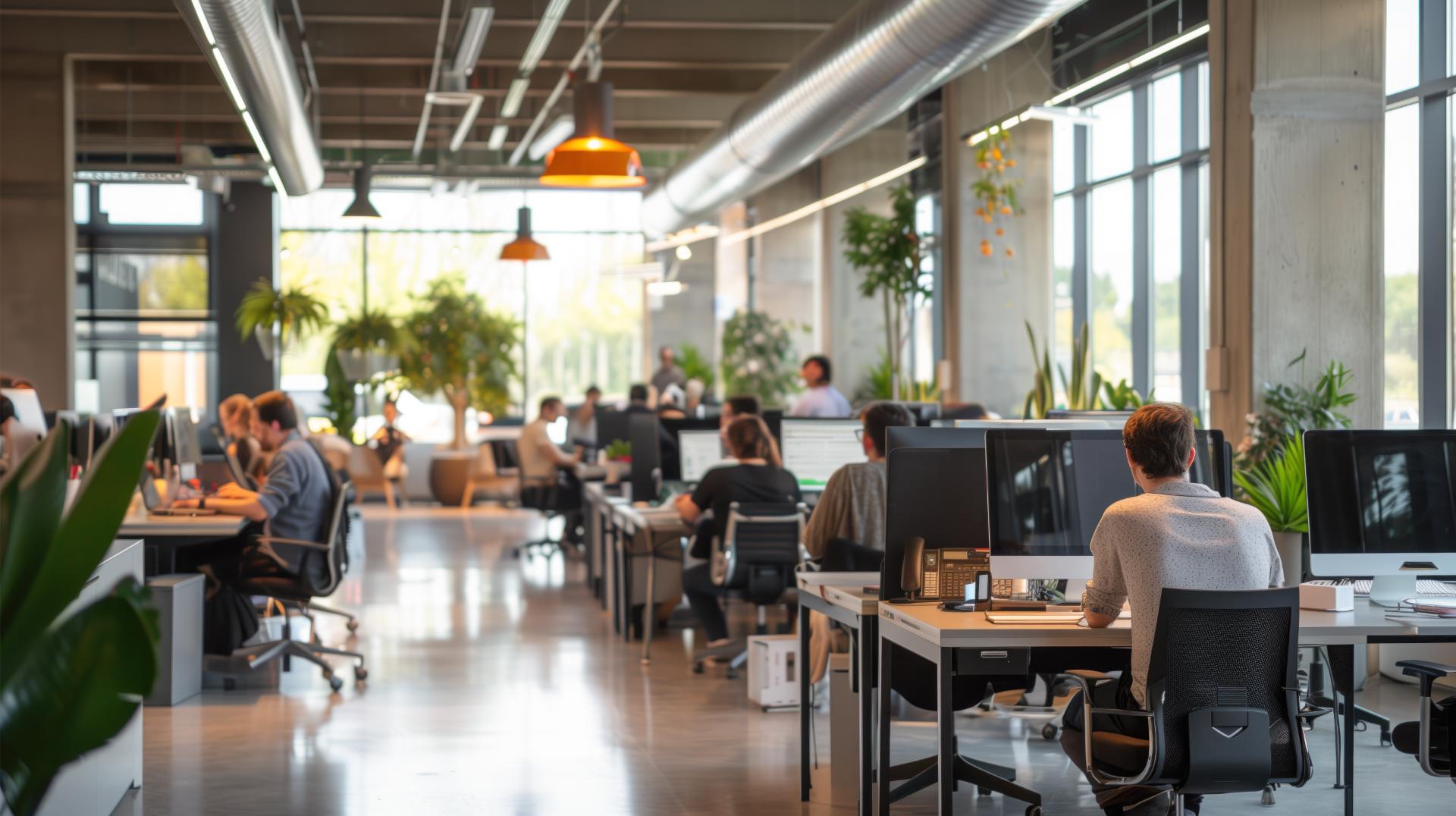 A large open office space with many people working at their desks