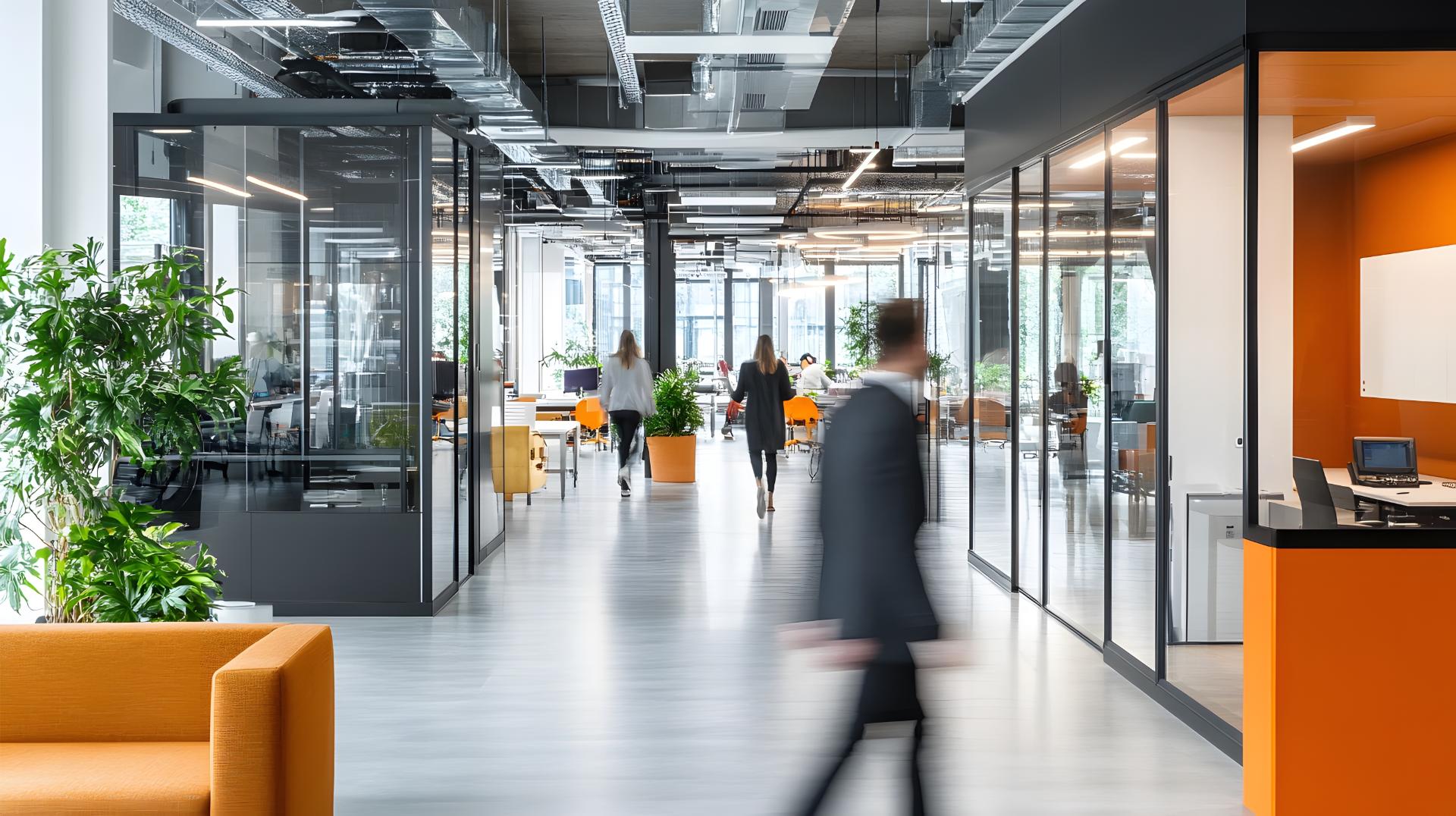 Bright business workplace with people in walking in blurred motion in modern office space