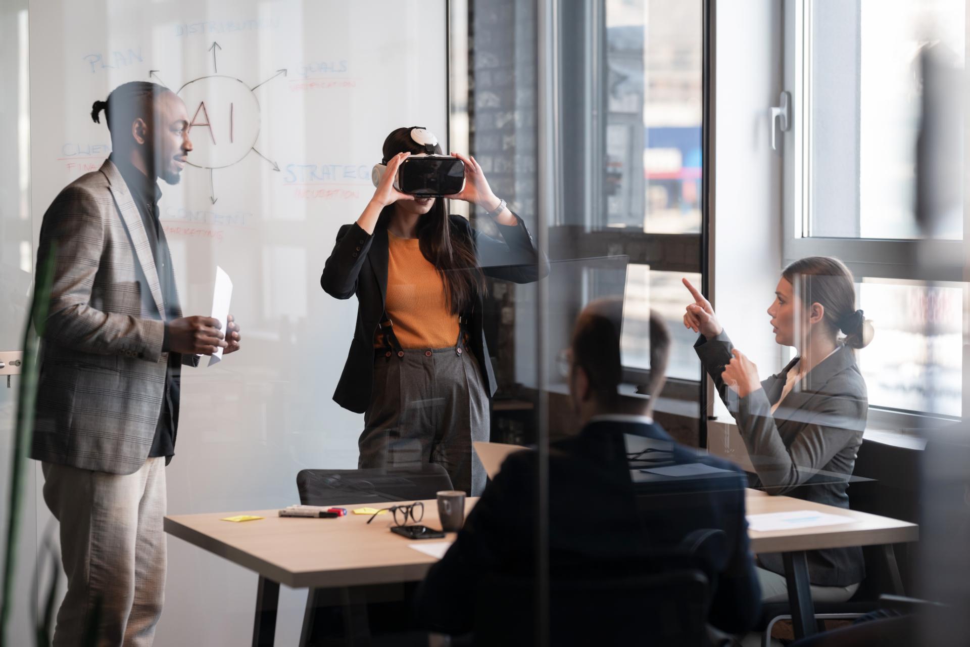 Business professionals in a modern office collaborate on an AI project