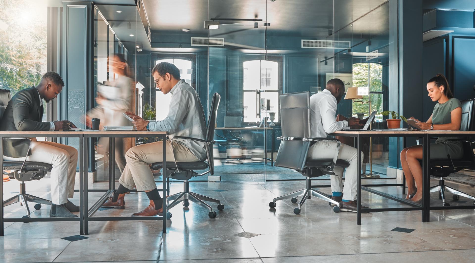 Coworking space office and sharing desk in corporate workplace