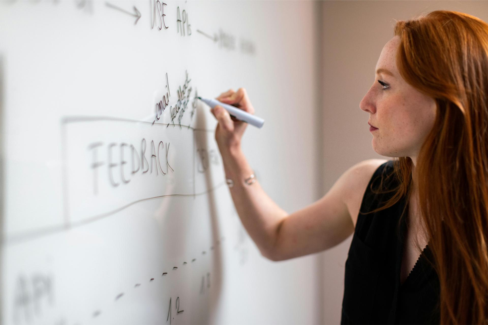 woman explaining meeting on a whiteboard