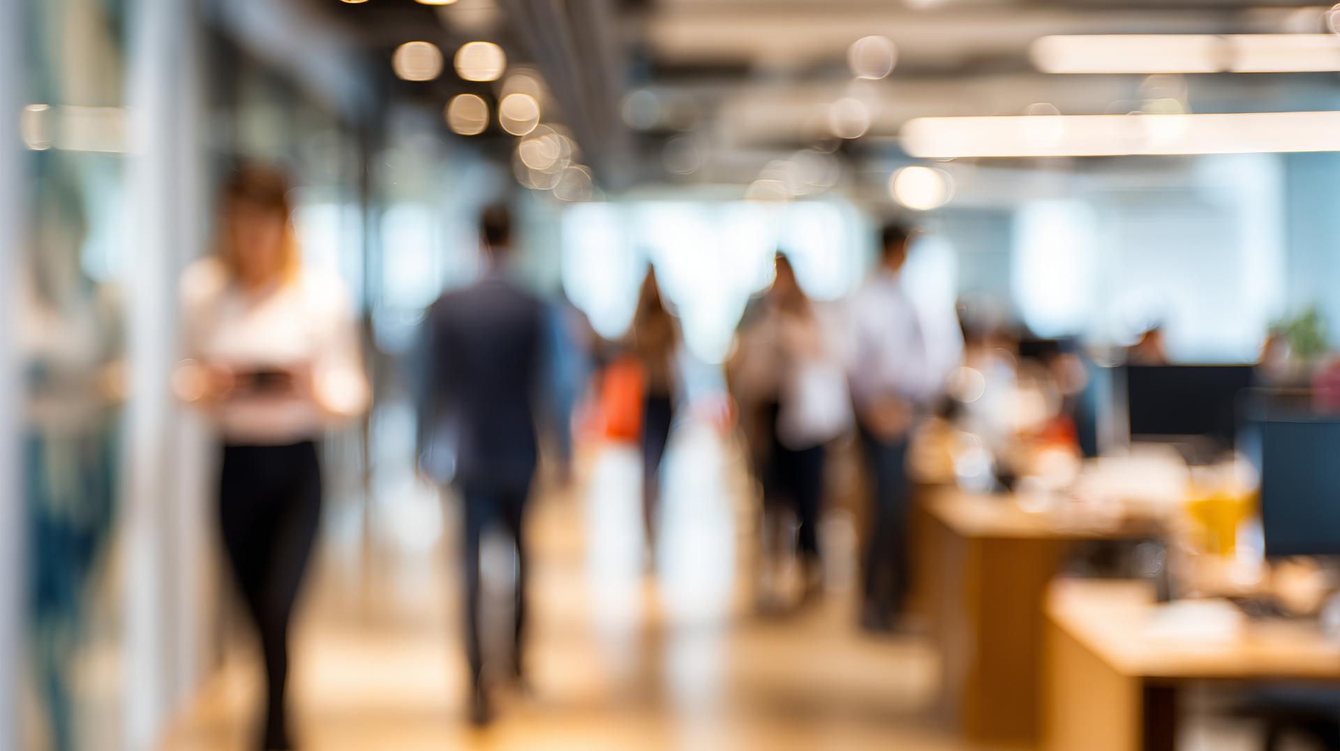 Blurred figures walking in a modern office setting create a sense of dynamic professional activity within the workspace