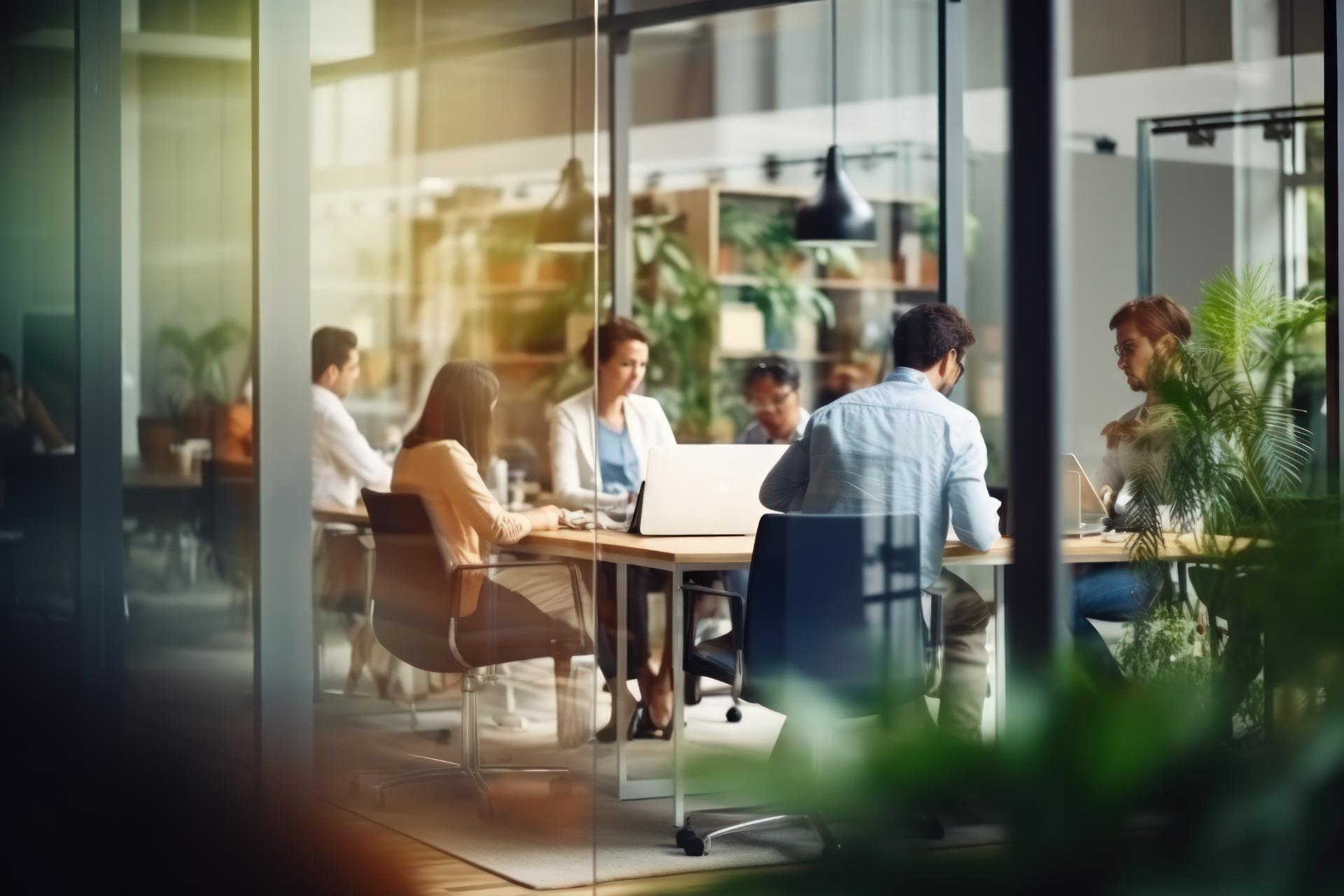 Blurred office interior space background with people working and meeting on table