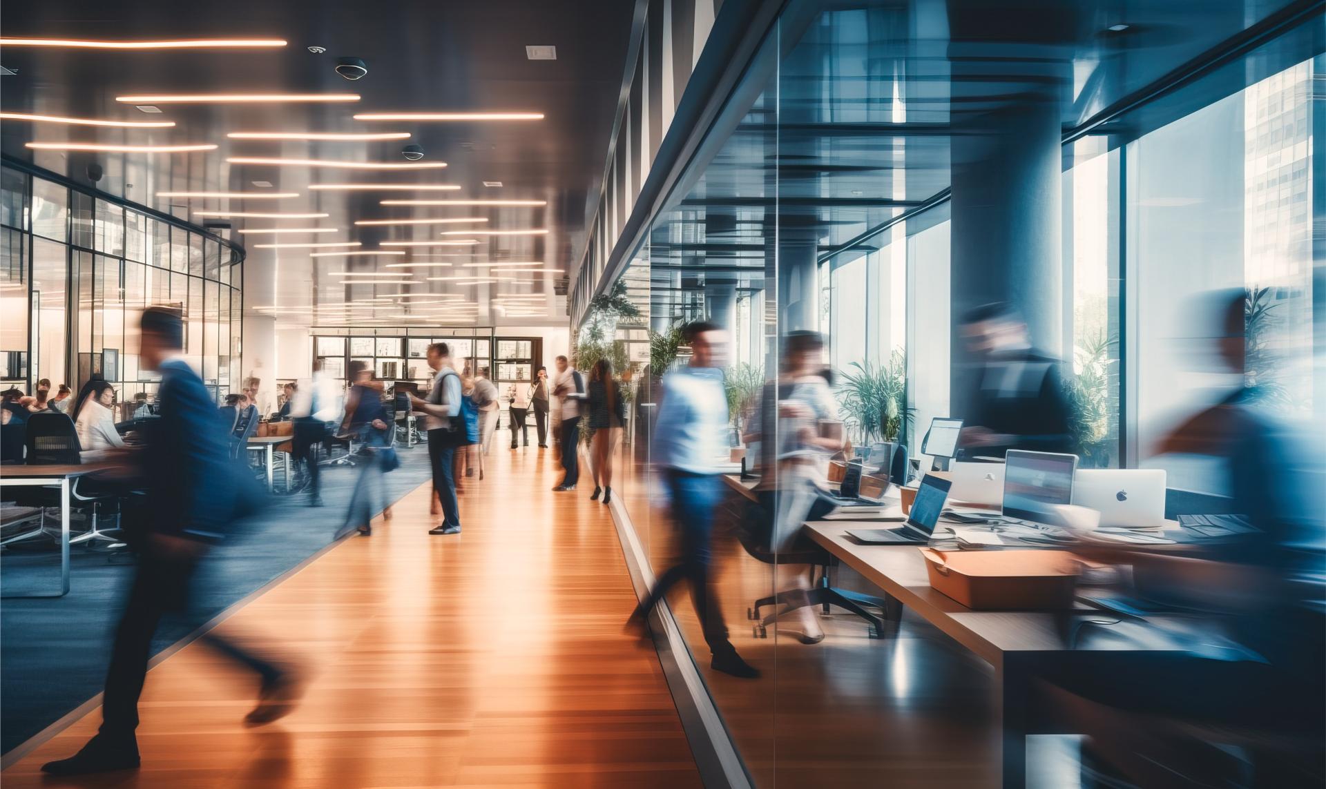 Bright business workplace with people in walking in blurred motion in modern office space