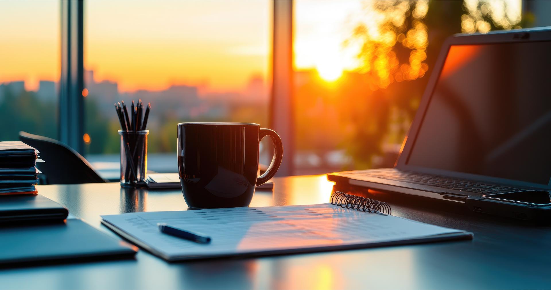 Sunset illuminates a modern office desk with laptop coffee mug paperwork and stationery