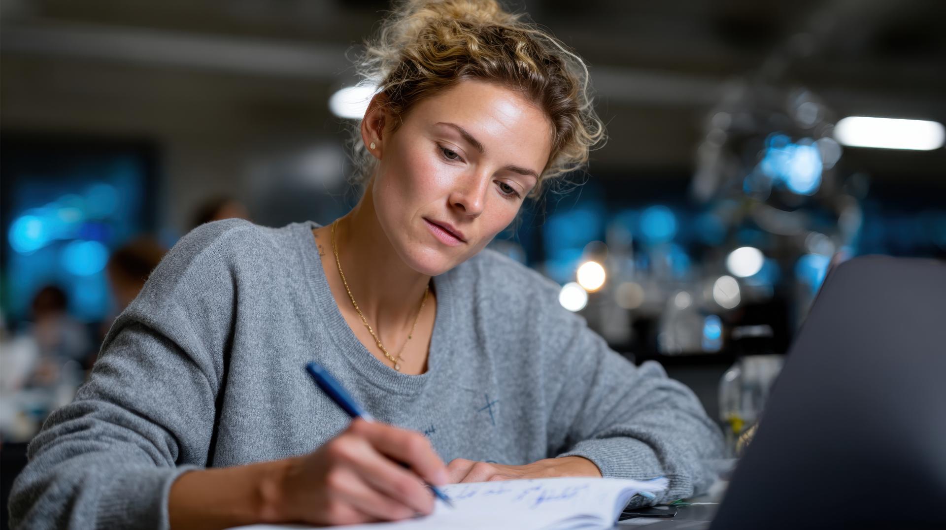 A focused woman diligently writing notes in a study area capturing the essence of concentration and dedication to academic or personal growth through learning