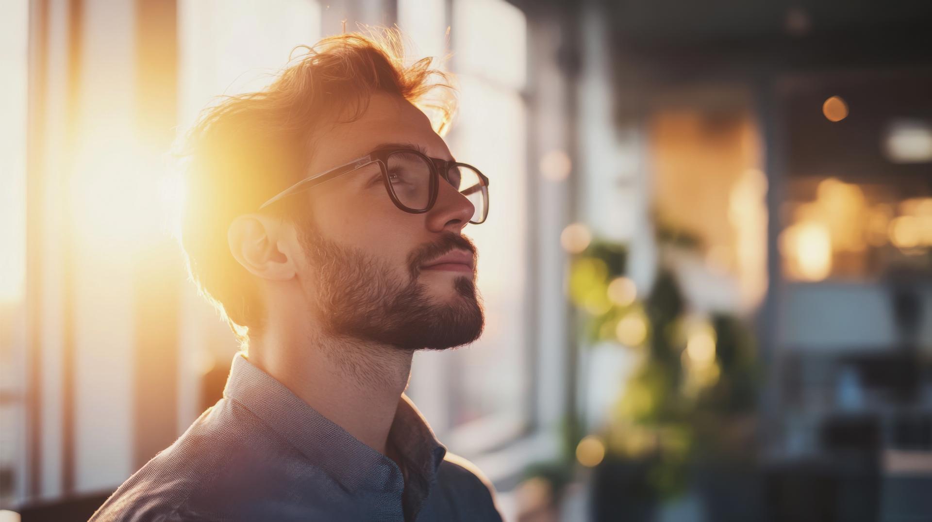 A thoughtful man gazes out of a sunlit window in an office lost in contemplation during the late afternoon