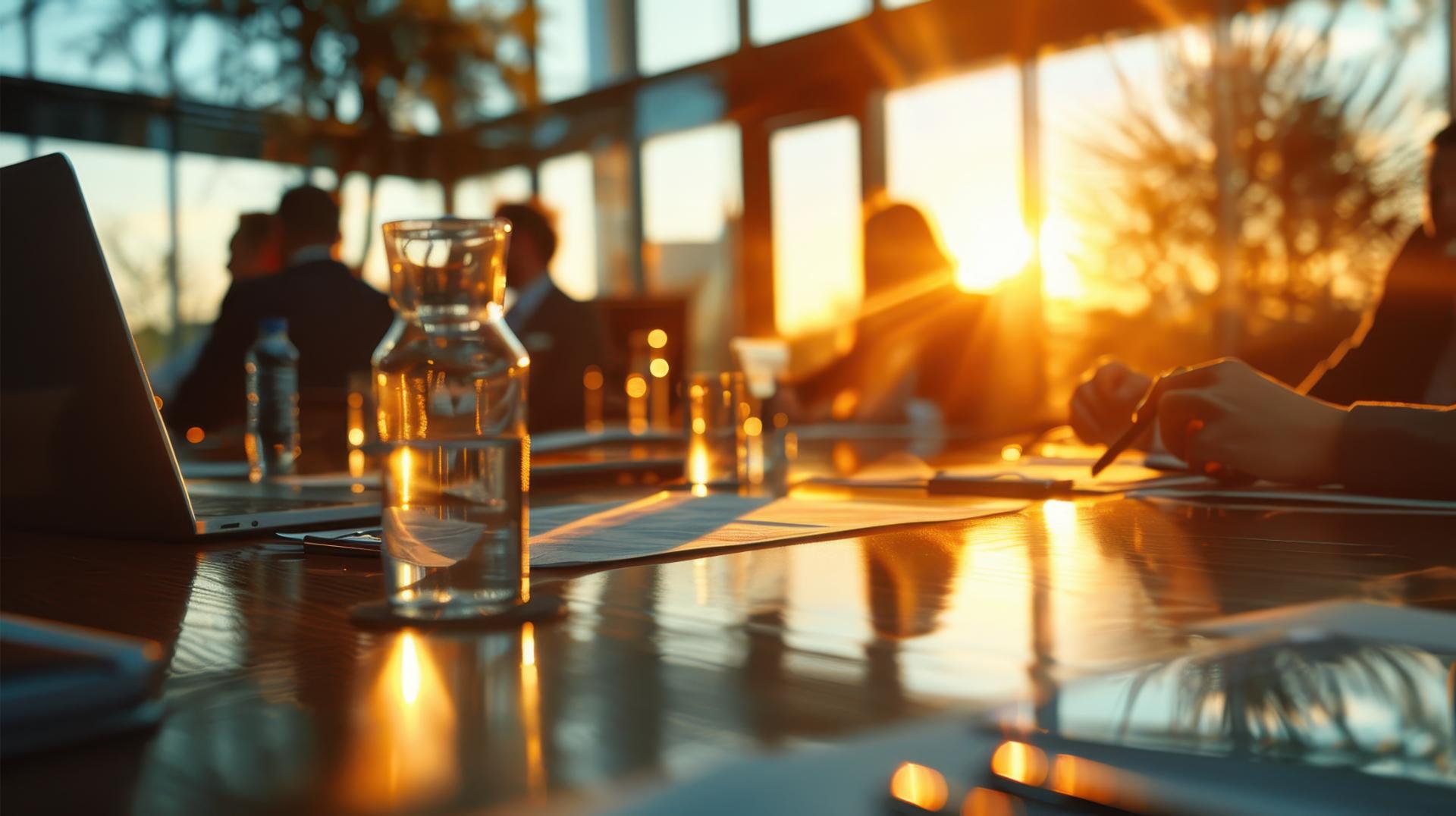 Business Meeting at Sunrise with Sunlight Streaming Through Large Windows in Modern Office