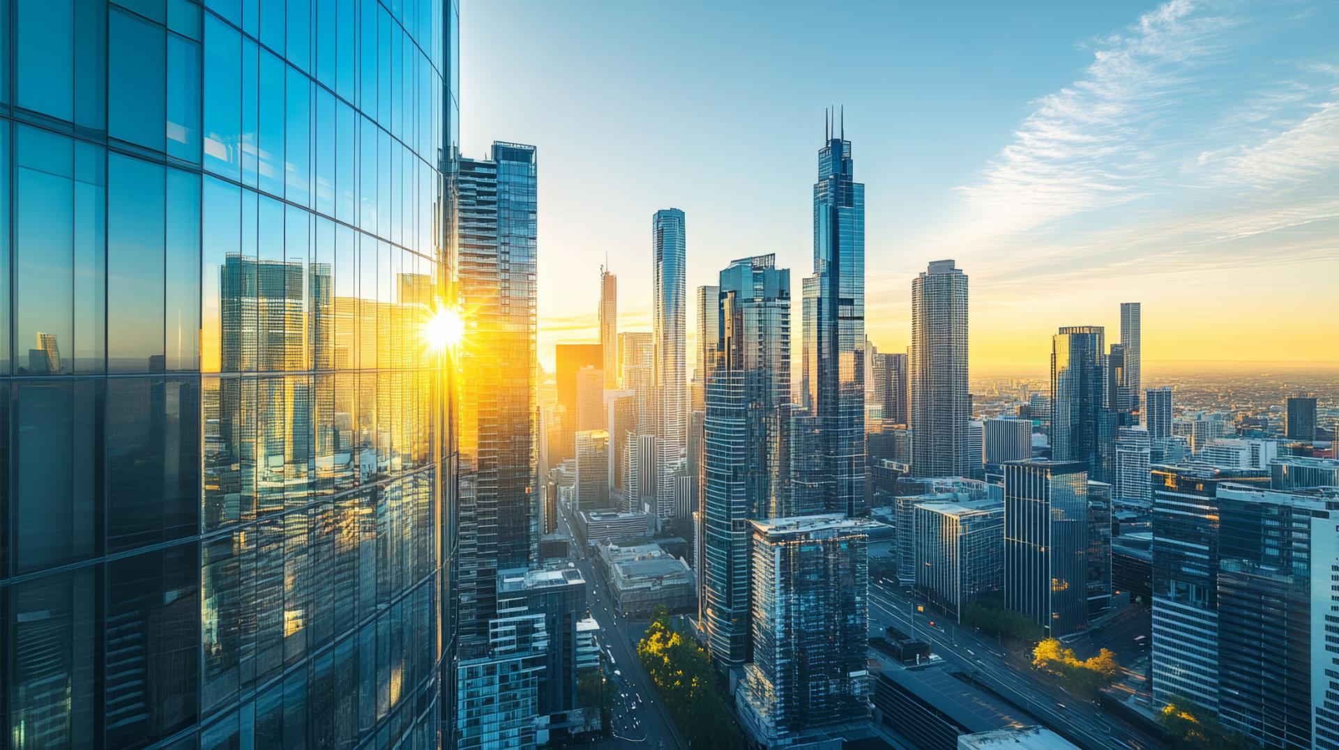 Distant view overhead shot cool colors futuristic city skyline tall buildings with glass facades early morning sunlight reflection