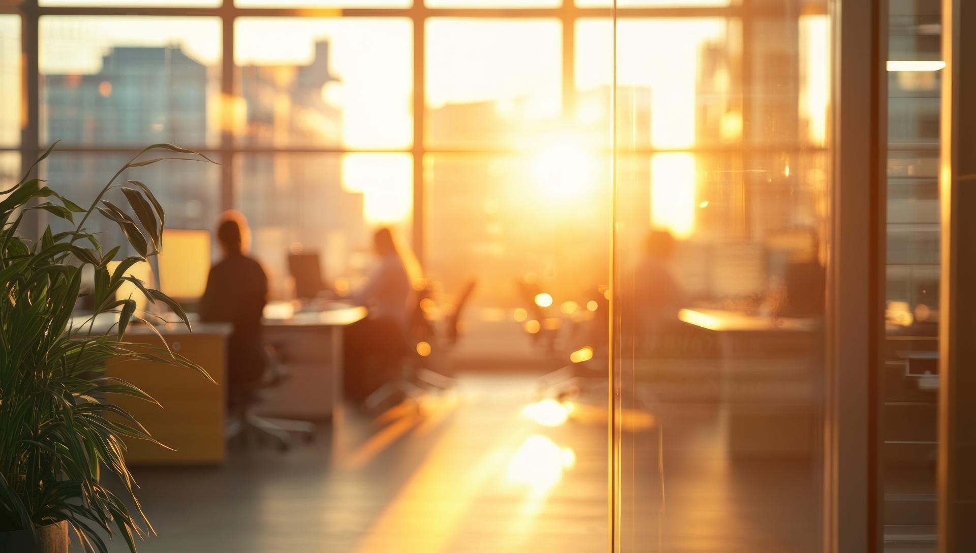 Golden Hour Office Sunset Glow Blurred Cityscape View