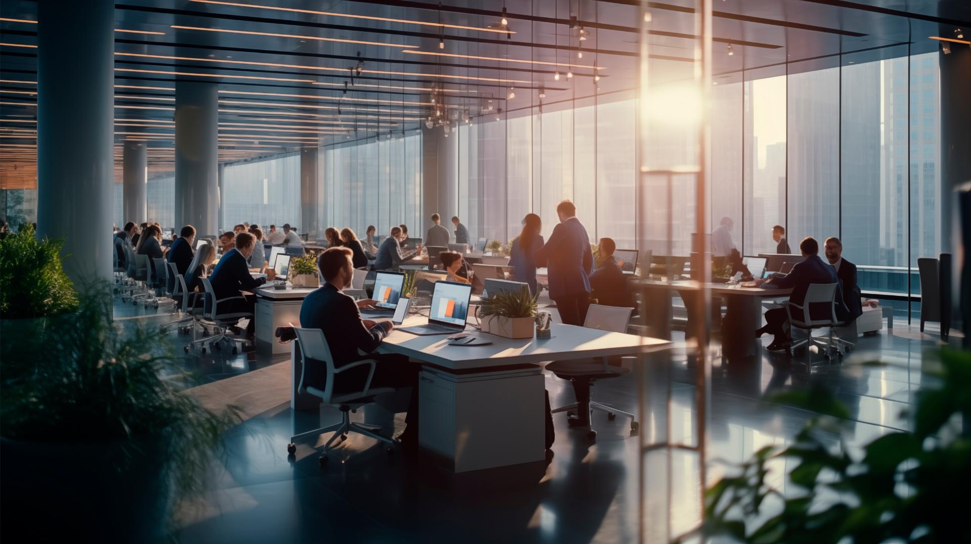 People working in a modern office with large windows located in the financial district