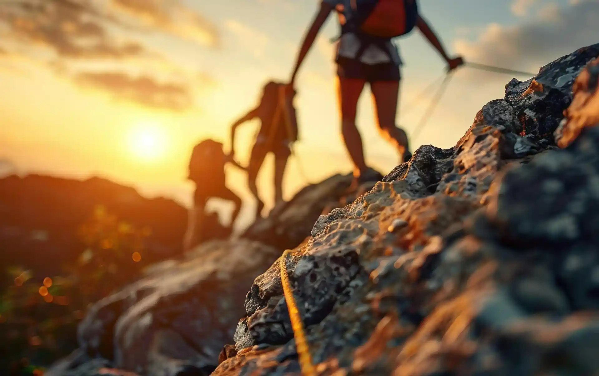 Backpackers hiking climbing the rock together copy space. Blurred background. View bottom to top reverse perspective inverted viewpoint flip exploration concept Backpackers hiking climbing the rock together copy space. Blurred background. View bottom to top reverse perspective inverted viewpoint flip exploration concept